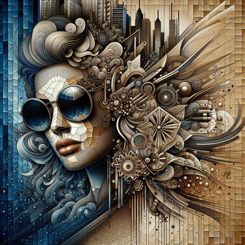 Steampunk Lady with Geometric Hair in Cityscape