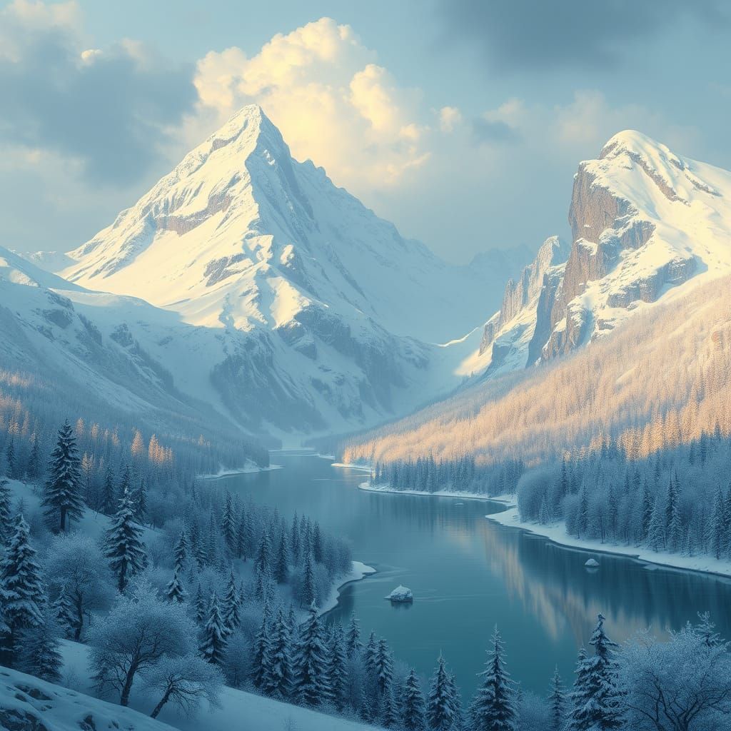 Snowy Middle Earth Landscape in Whimsical Style
