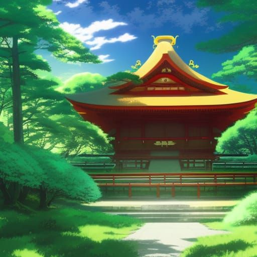 Japanese Temple in Forest: Studio Ghibli Anime Style