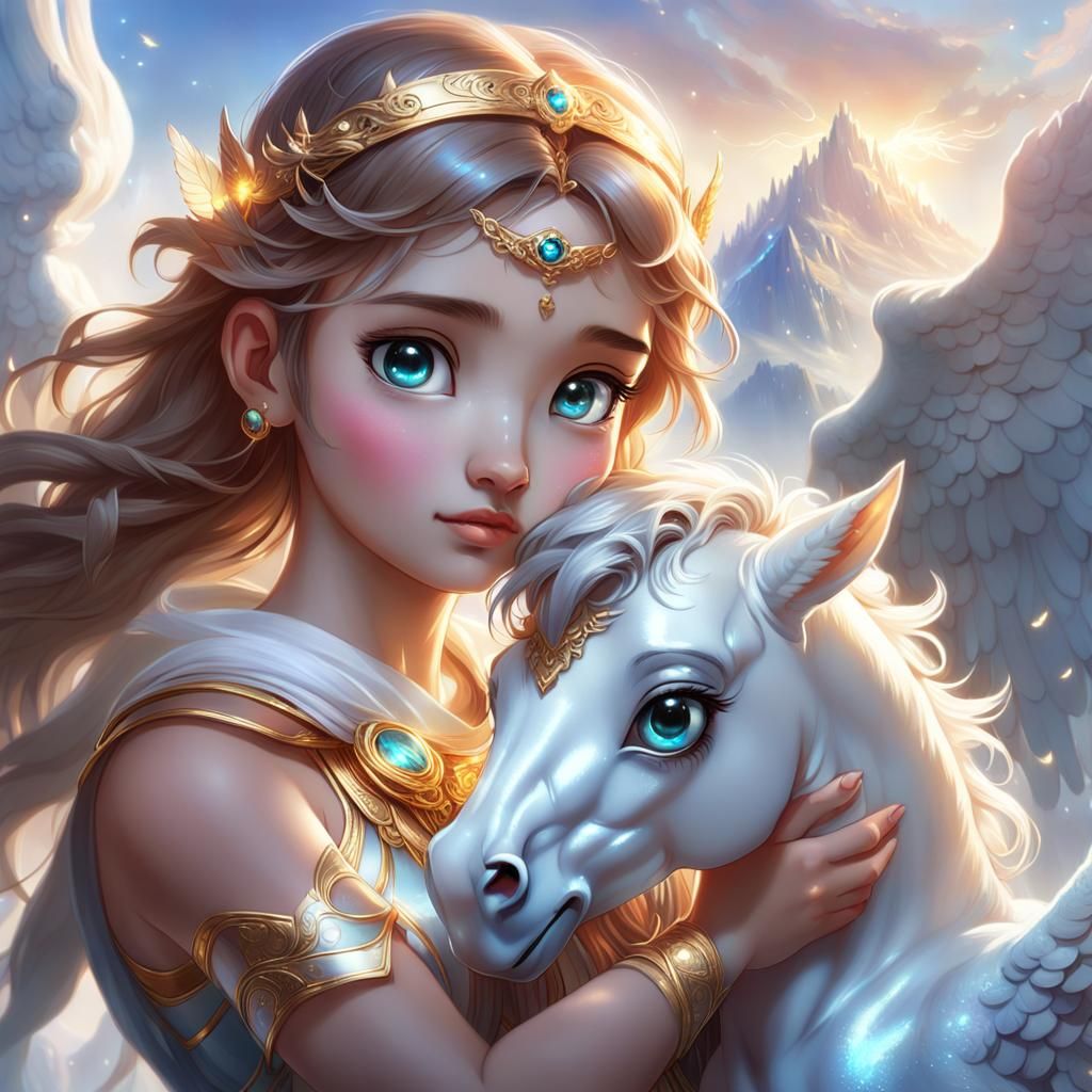 Goddess Hugging Baby Pegasus: Digital Art