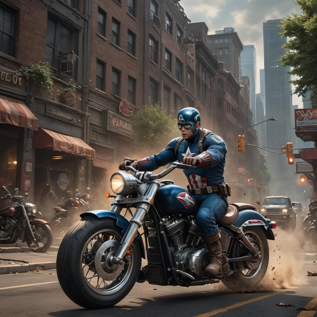 Armored Captain America on Harley-Davidson Motorbike
