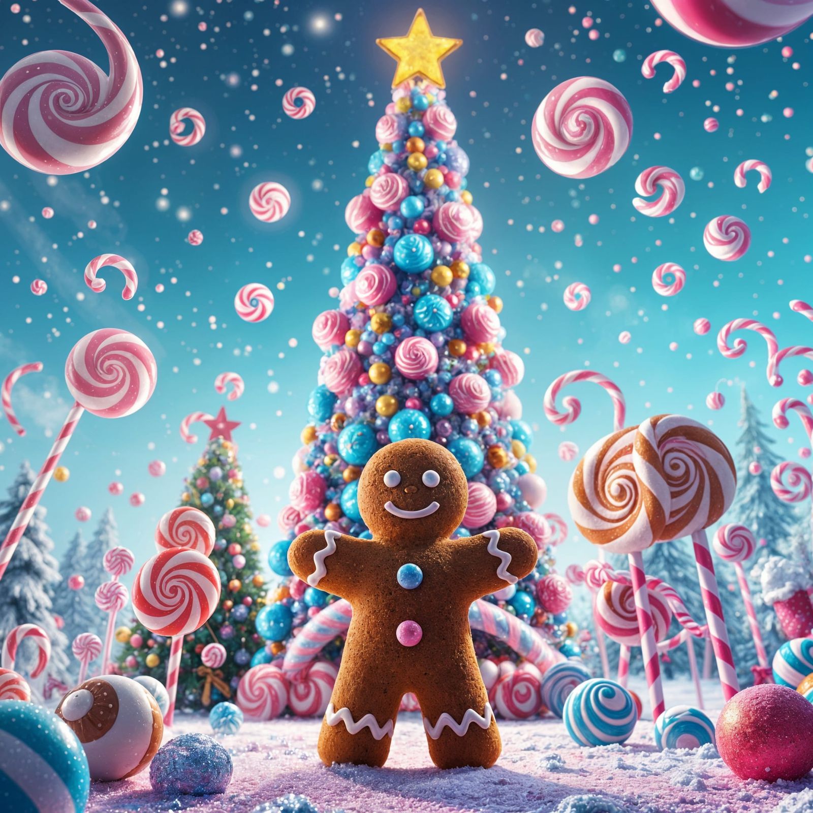 Whimsical Gingerbread Man in a Pastel Christmas Wonderland