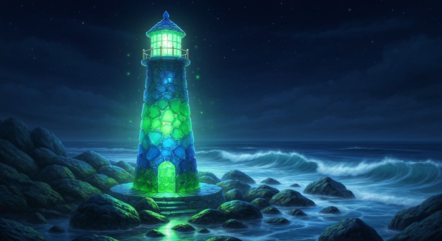 Emerald & Cobalt Sea Glass Lighthouse on Starry Night