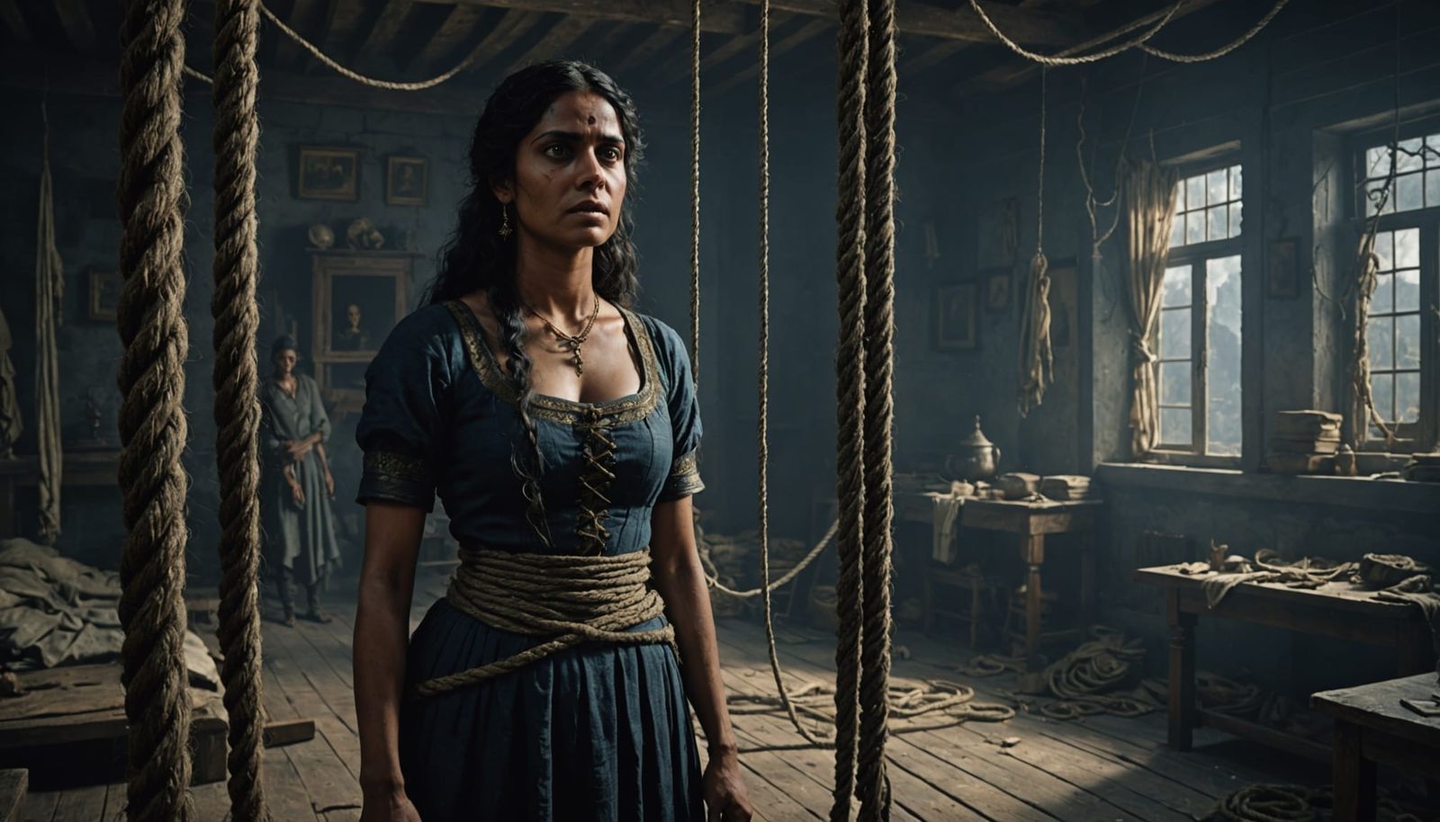 Radha in a Haunting Atmosphere, a Dark and Moody Scene