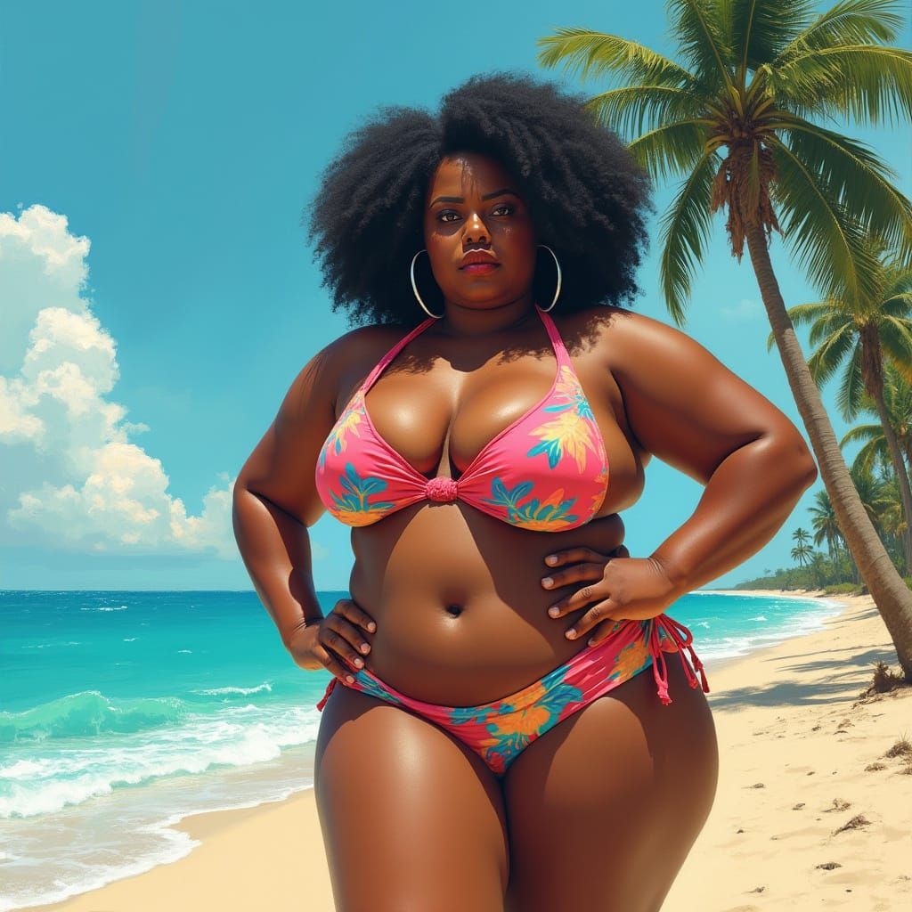 Confident Plus-Size Woman on Sunny Beach, Bold Brushstrokes