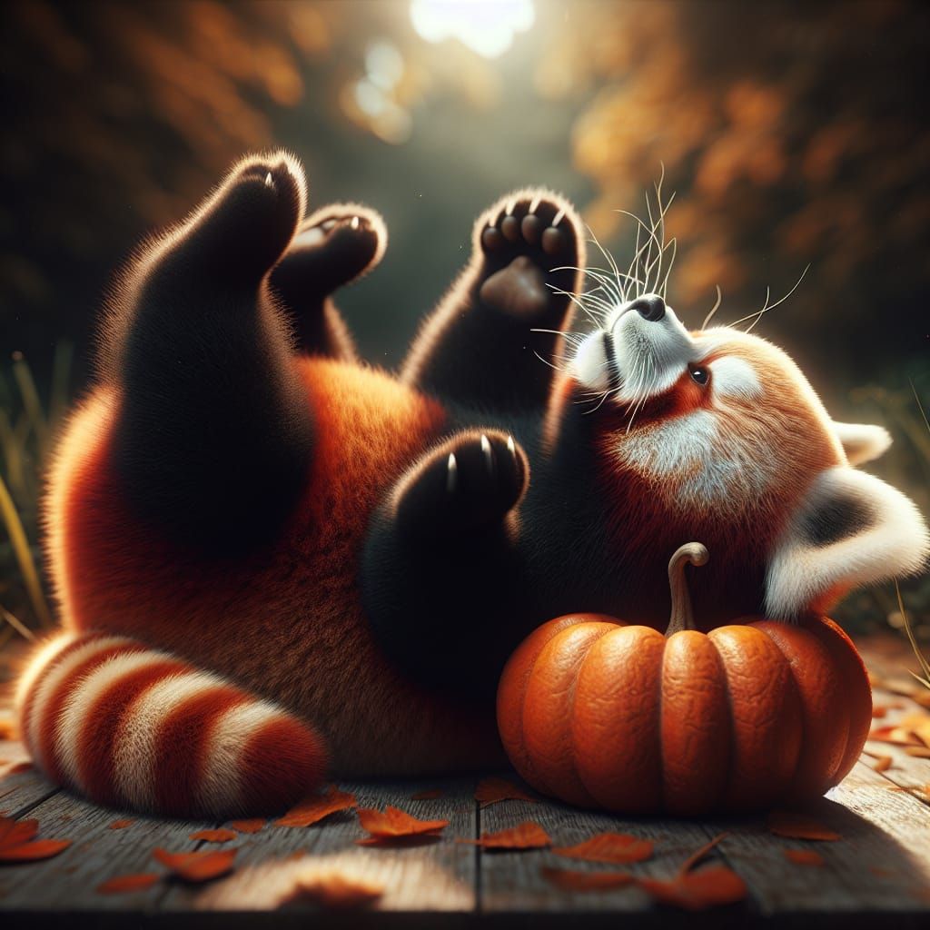 Playful Red Panda with Pumpkin in Hyperrealistic Style