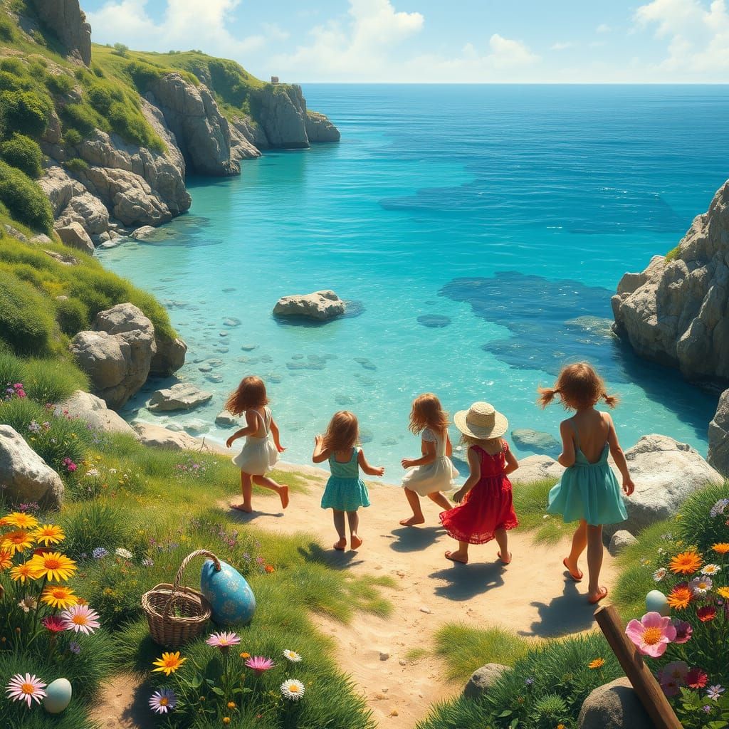 Children Discover Easter Eggs on a Rocky Beach