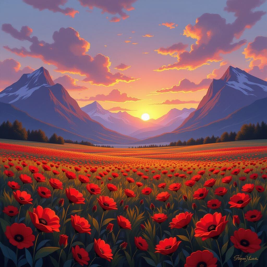 Enchanted Sunset Flower Field Between Mountains