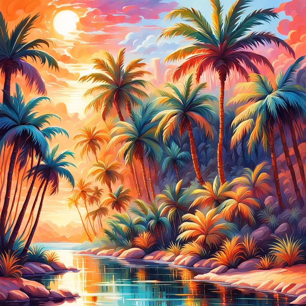 Fantasy Oasis with Palm Trees in Gouache Style