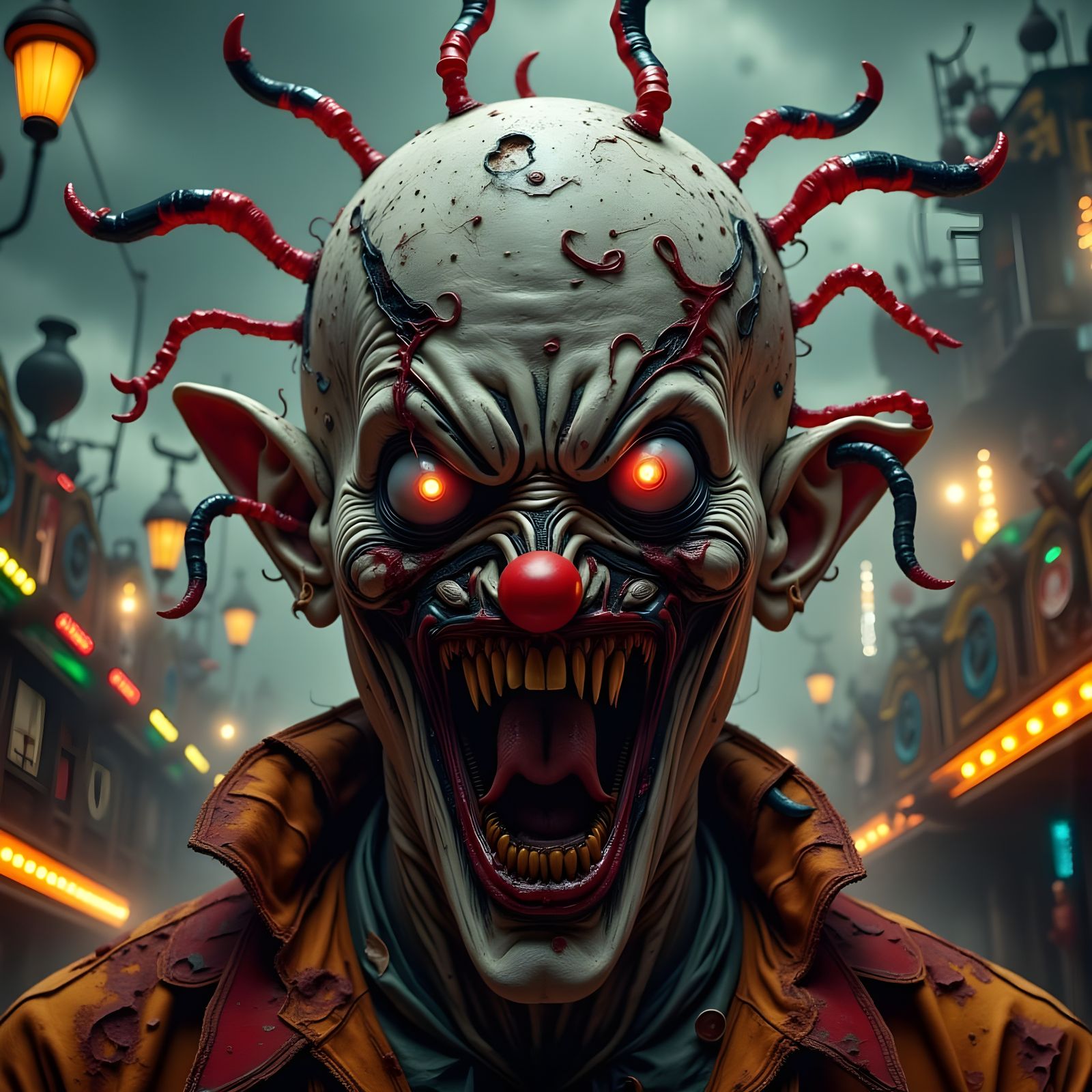 Cybernetic Clown Screams in Abandoned Amusement Park