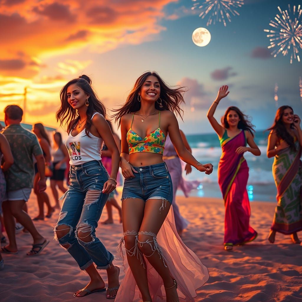 Beach Festival at Sunset: Girls Dancing in Fantasy Art Style