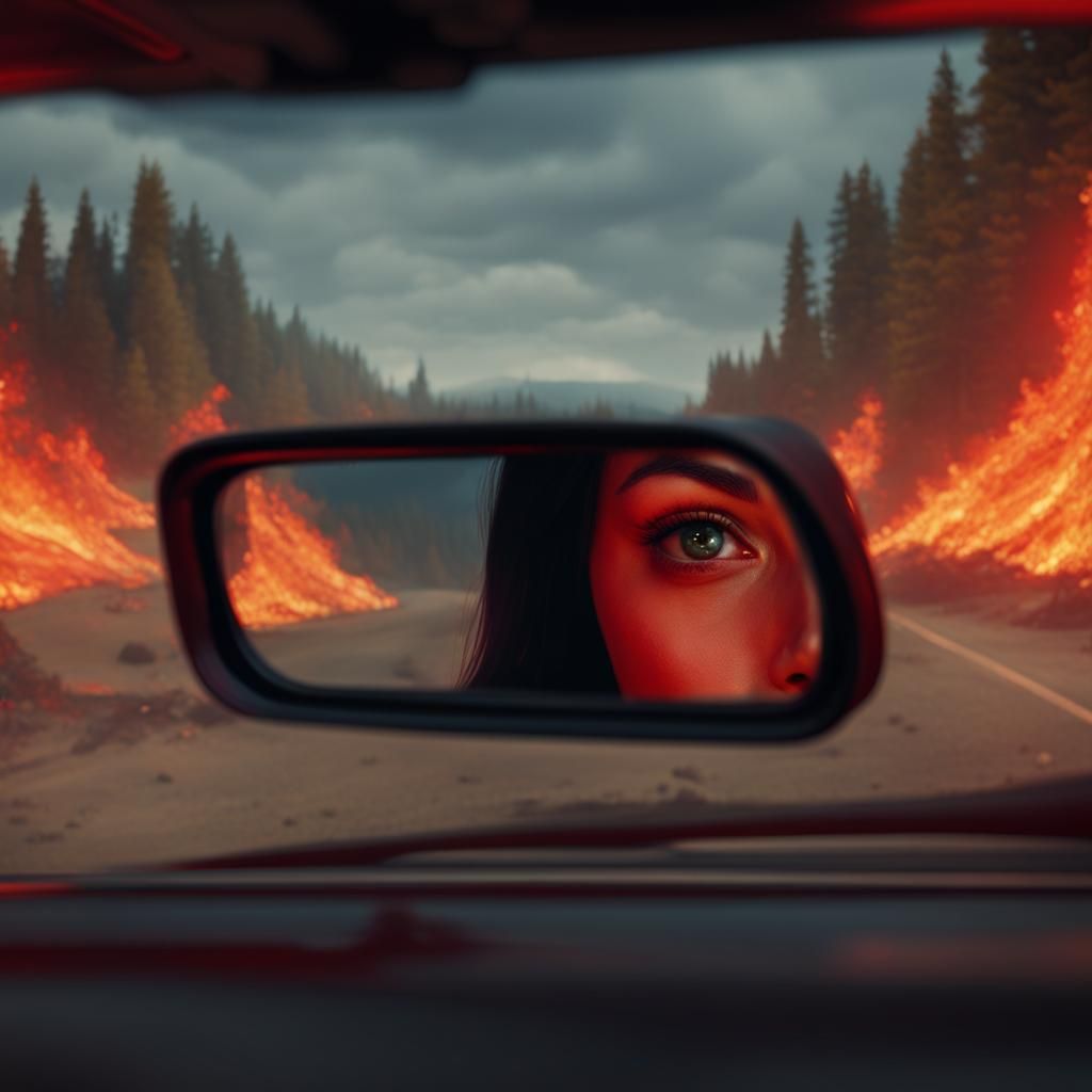 Fiery Reflection: Woman's Eyes in Car Mirror