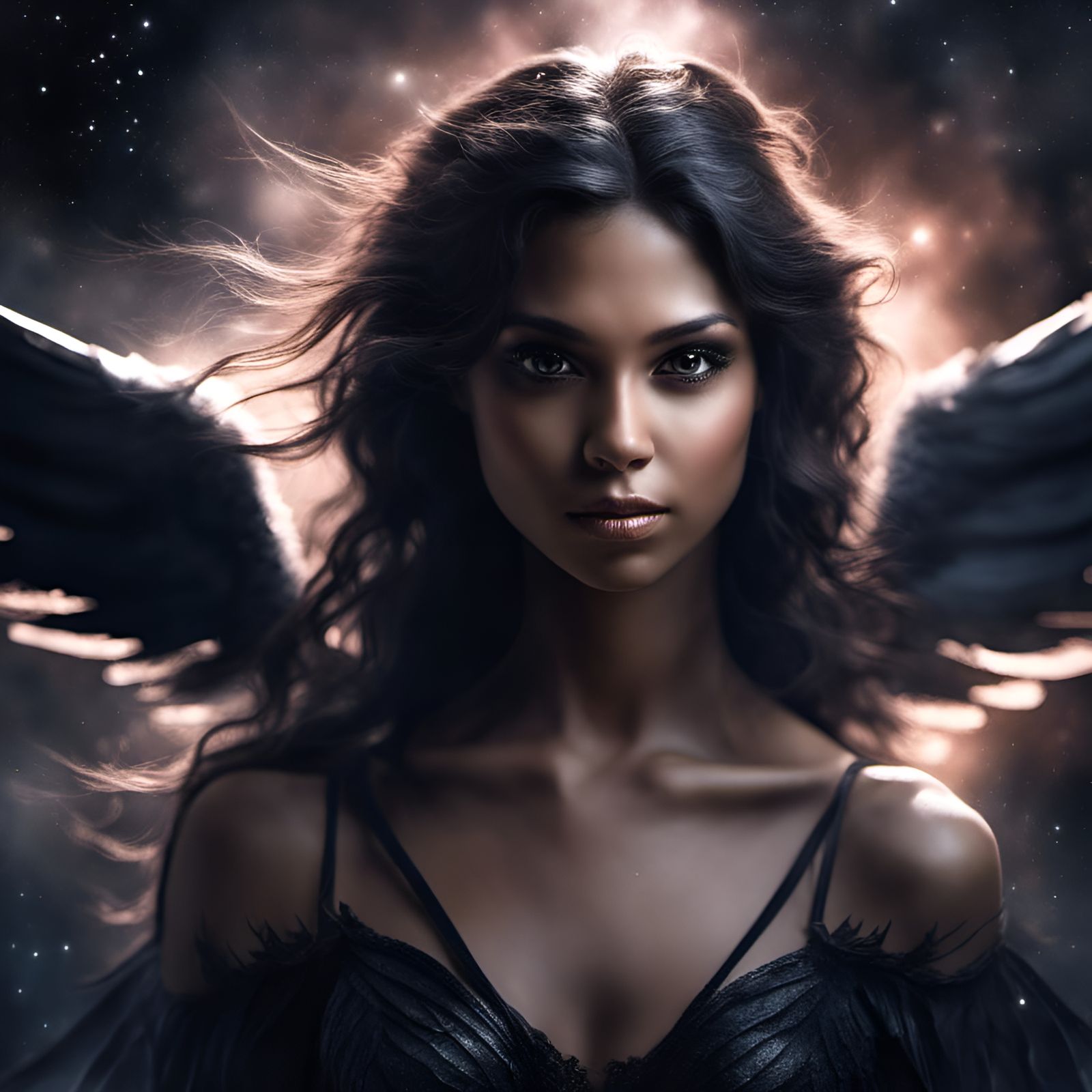 Enchanting Dark Angel Portrait in Celestial Realm