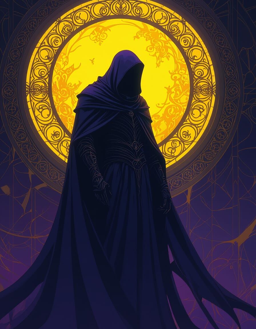 Ominous Figure in Dark Fantasy Art Nouveau Scene