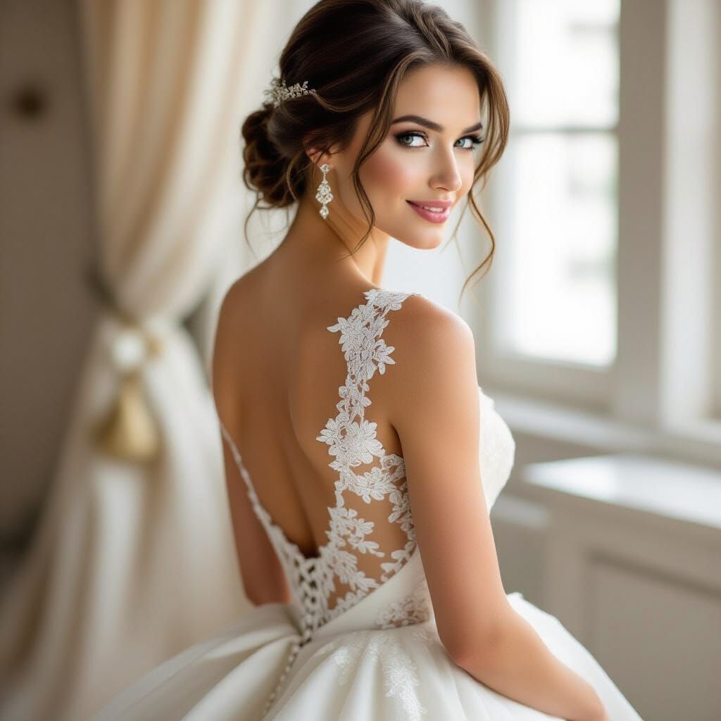 Elegant Woman in Lace Ball Gown with Back Cutout