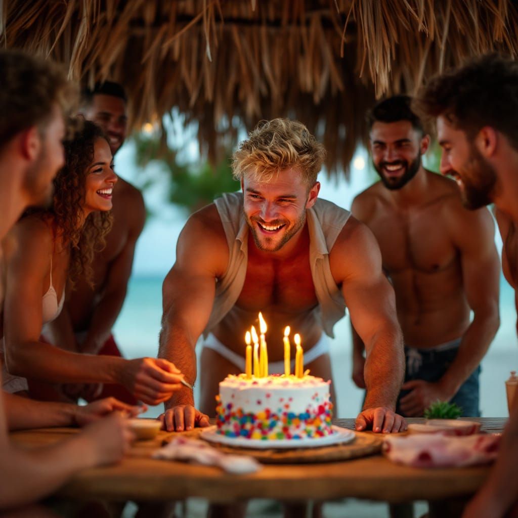 Muscular Blond Man Celebrates Birthday on Beach with Friends