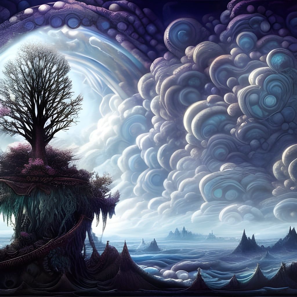 Moonlit Clockwork Bonsai Villa in Detailed Seascape
