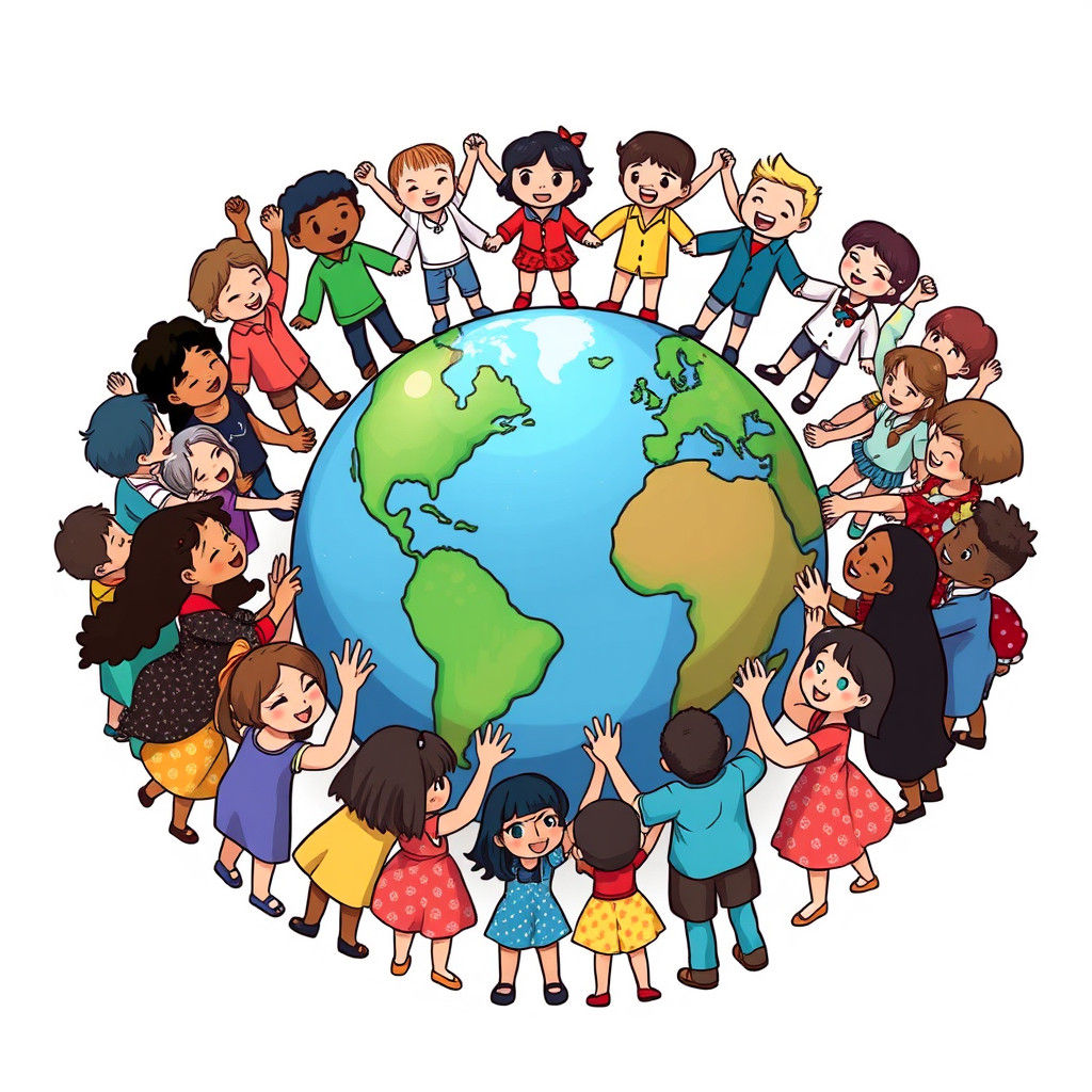 Vibrant Earth Doodle with Diverse Circle, Anime Style