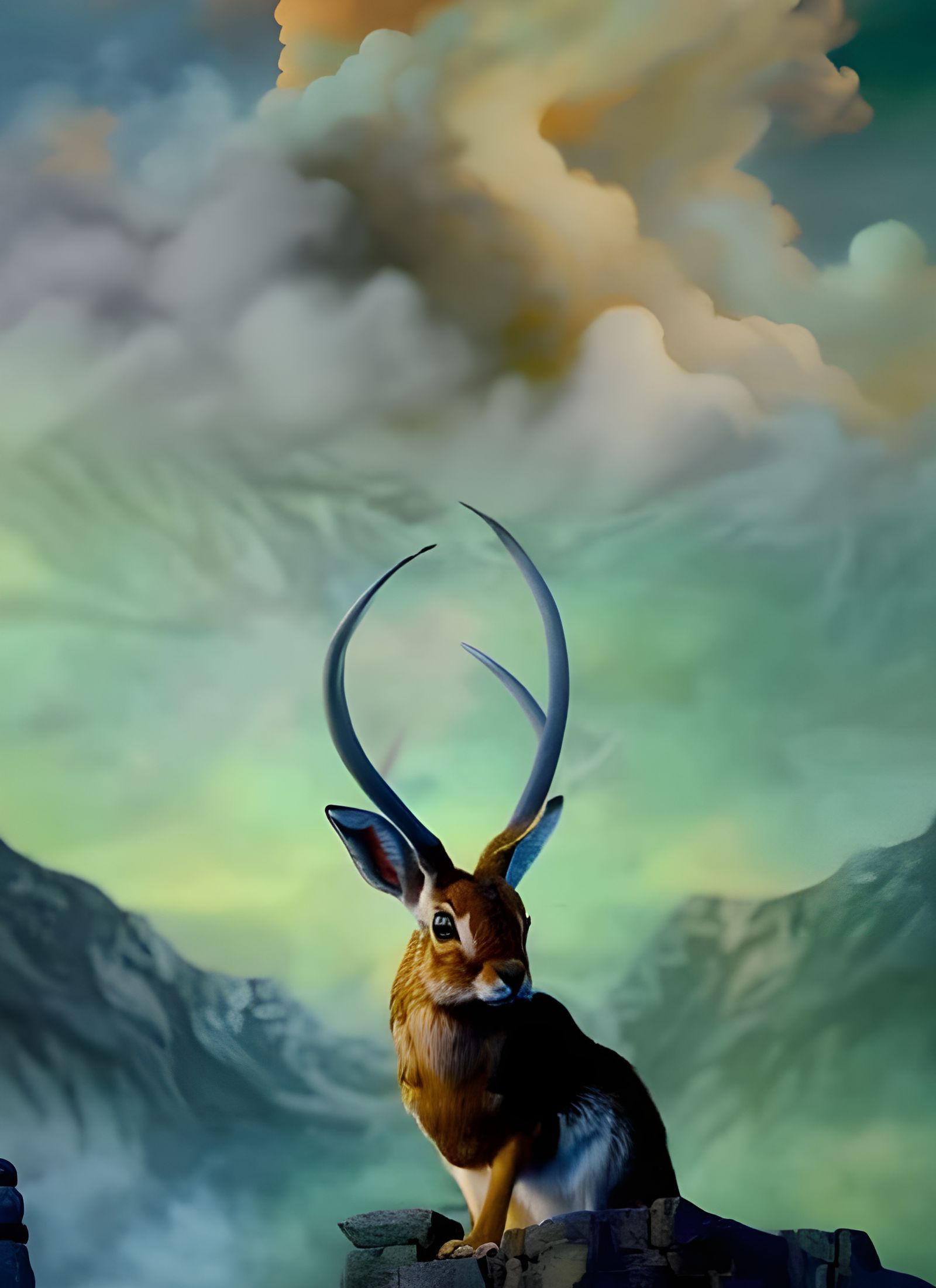 Jackalope in Mountain Landscape: Art Nouveau Oil Painting