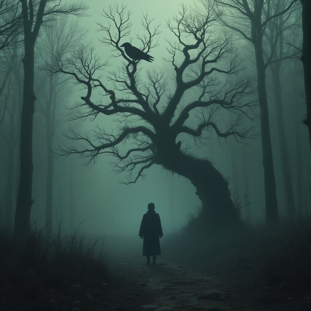 Mystical Raven Silhouette in Haunting, Surrealistic Landscap...