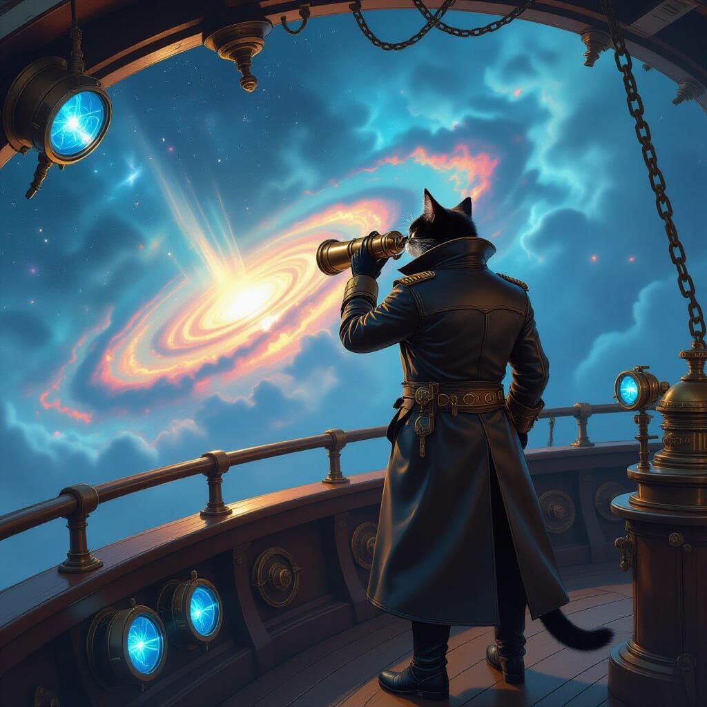 Steampunk Cat Airship Captain Observes Nebula
