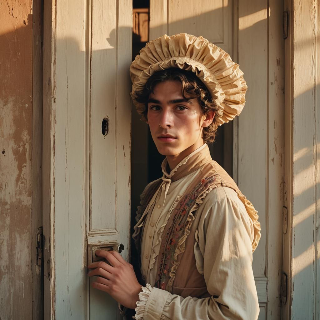 Boy in 19th Century Dress Hiding