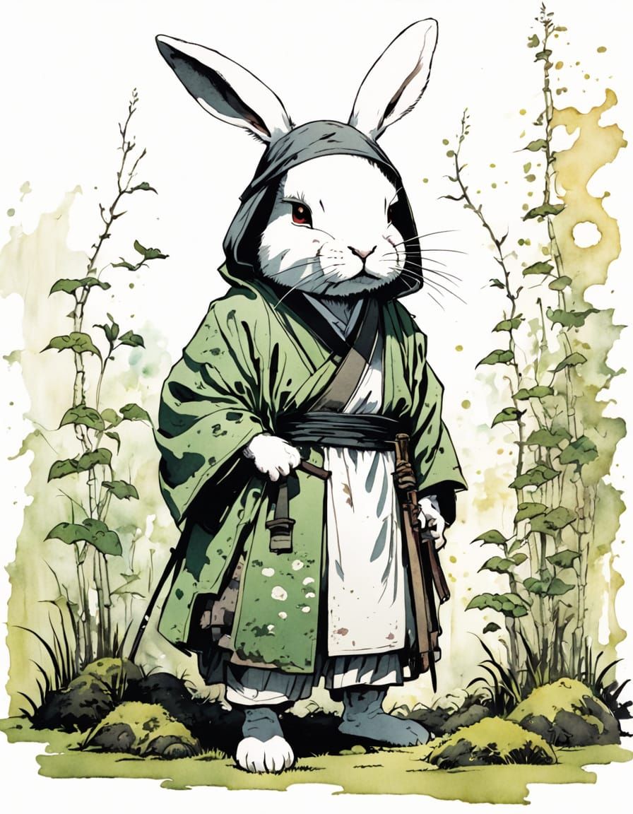 Samurai White Bunny in Japanese Ink Style