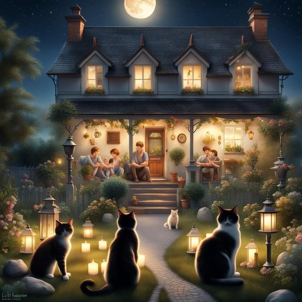 Family Garden Scene on Full Moon Night