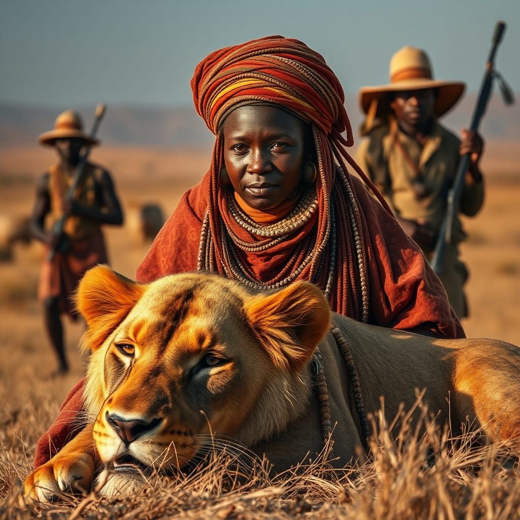 African Woman Protected by Hunters on the Steppe