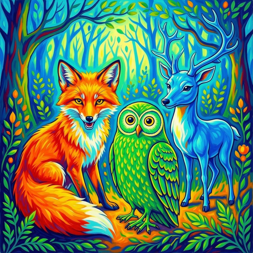 Whimsical Forest Creatures in Vibrant Fauvist Style