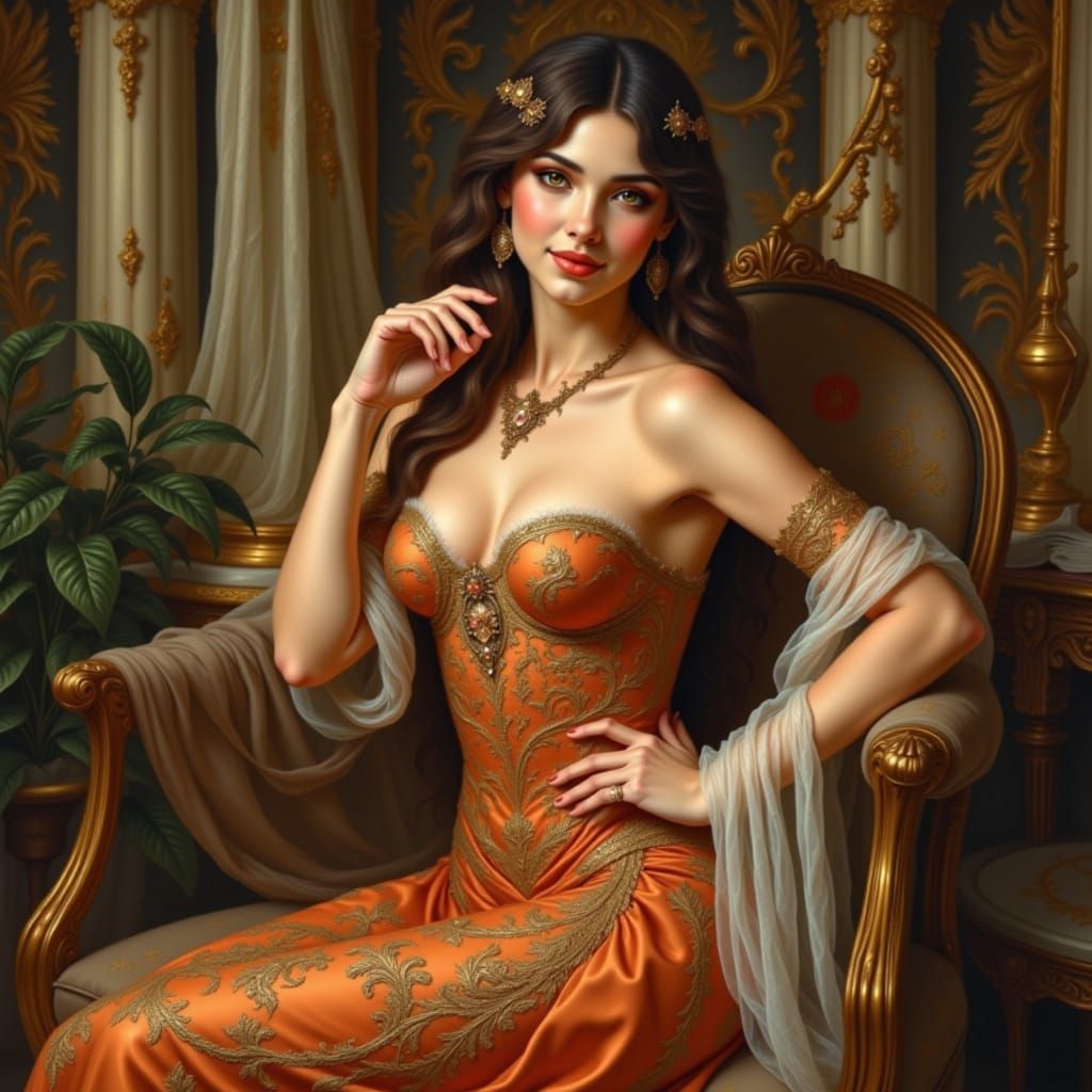 Elegant Woman Posing in Ballroom, Impressionistic Art