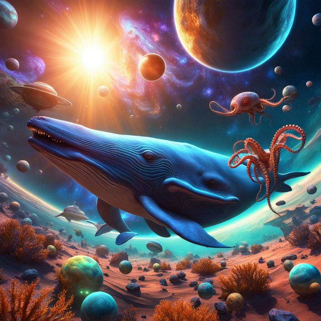 Alien Whale-Octopus Creatures Soaring Through Space