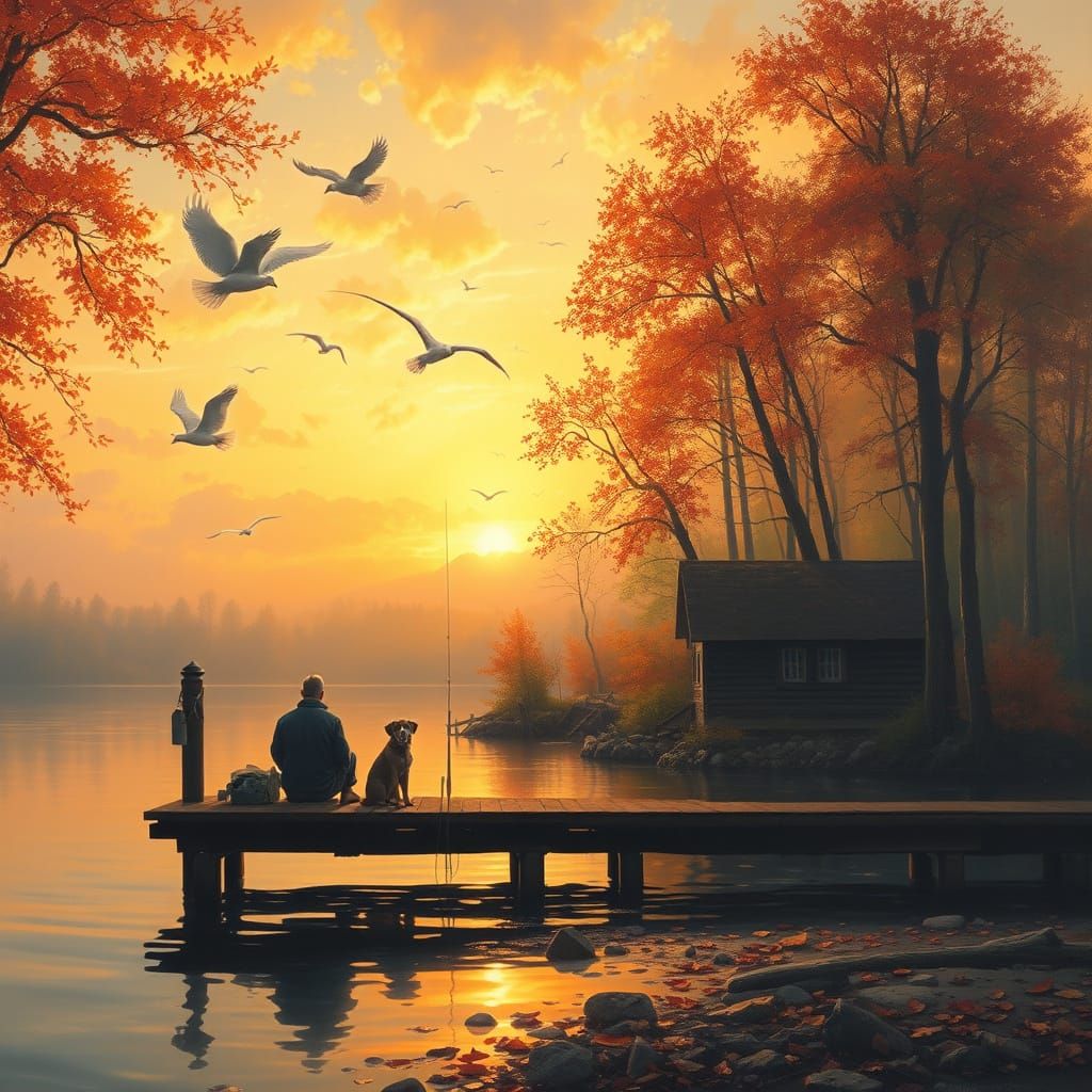 Autumn Sunset on Lake: Fisherman and Dog by Dock