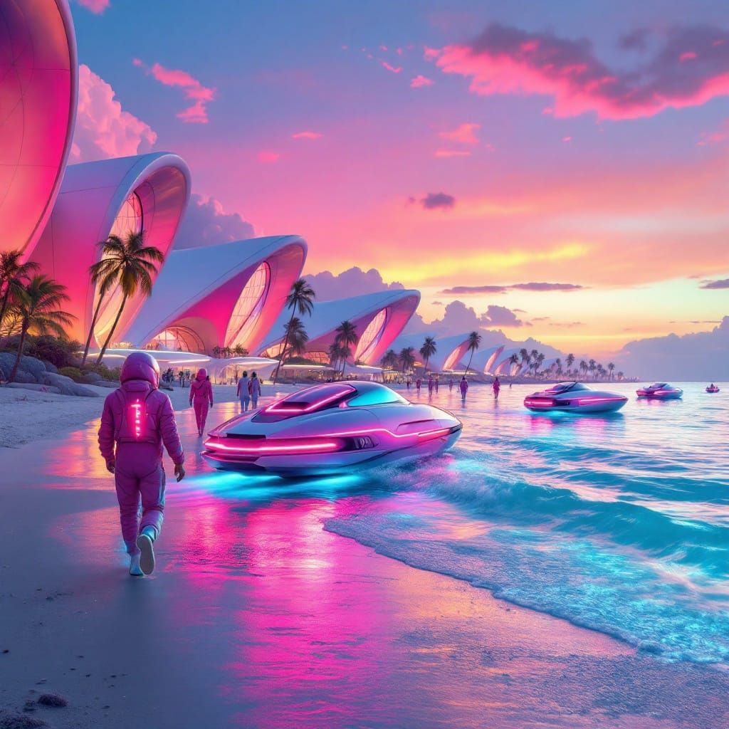 Surreal Futuristic Beach Scene with Advanced Tech and Alien ...