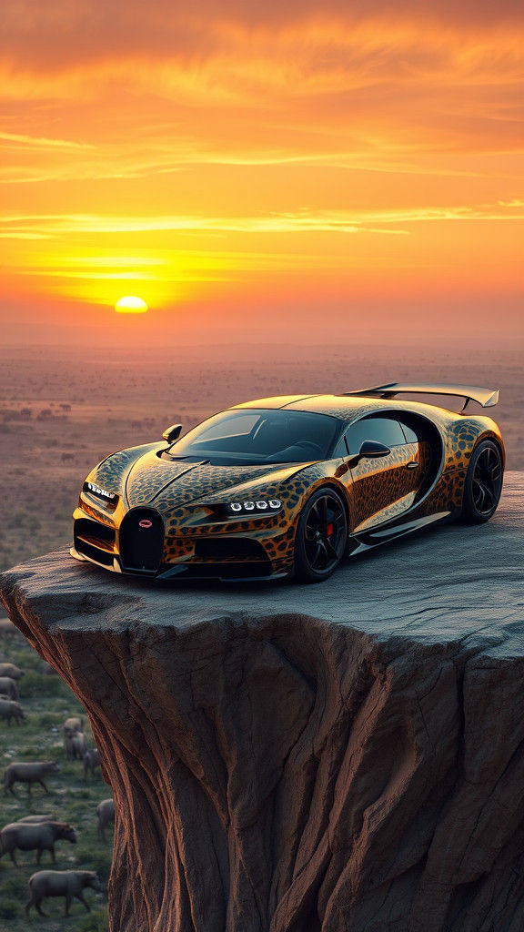 Futuristic Cheetah Bugatti Supercar on Savannah at Sunset