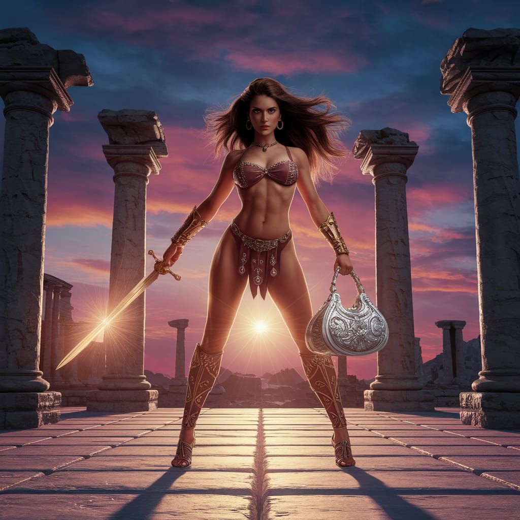Confident Fantasy Gladiator in Sunset Arena