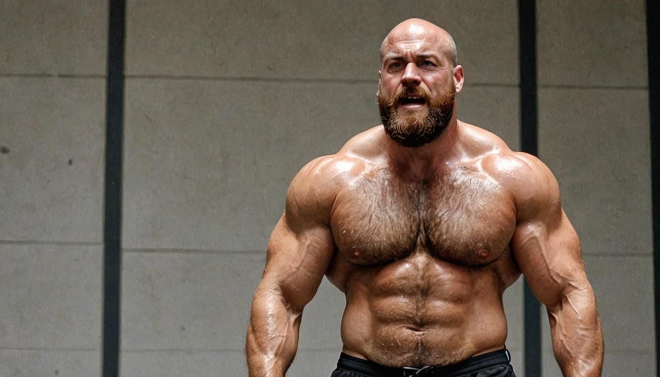 Boy Gazing Up At Muscular Bearded Man