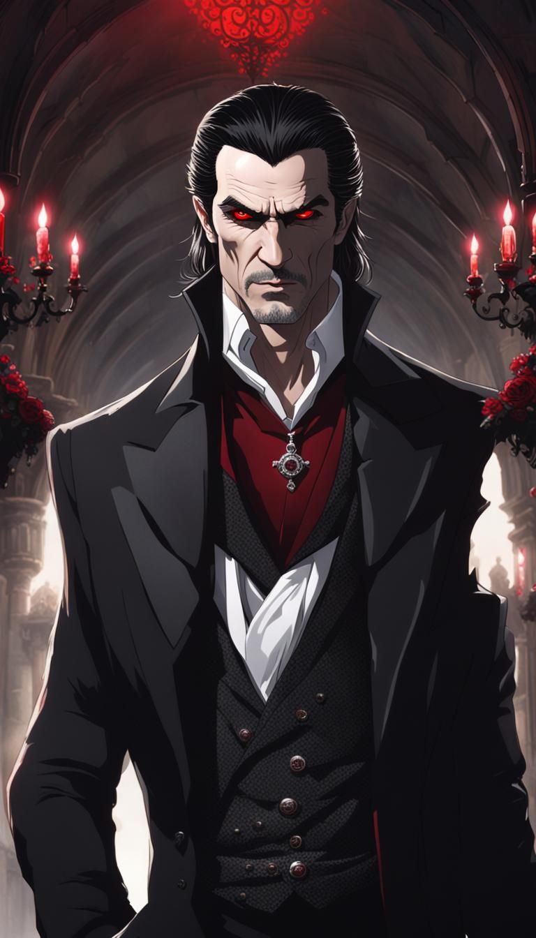Aristocratic Vampire with Ruby Jewelry in Gothic Setting