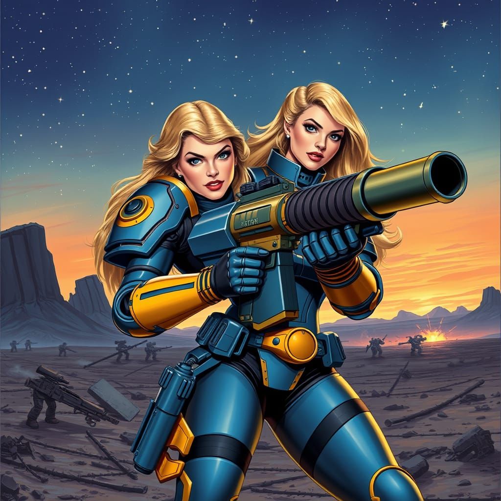 50s Pin-Up Girl in Power Armor Ready to Fire