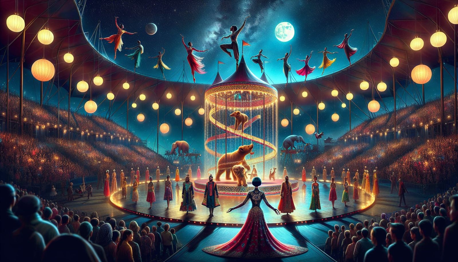 Starlit Circus: Acrobats and Ringmaster Under the Night Sky