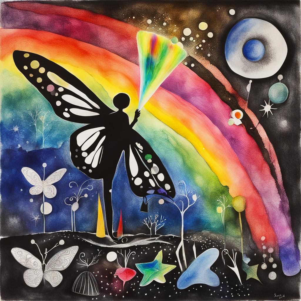 Surreal Rayograph with Rainbow Fairy, Alcohol Ink Abstract