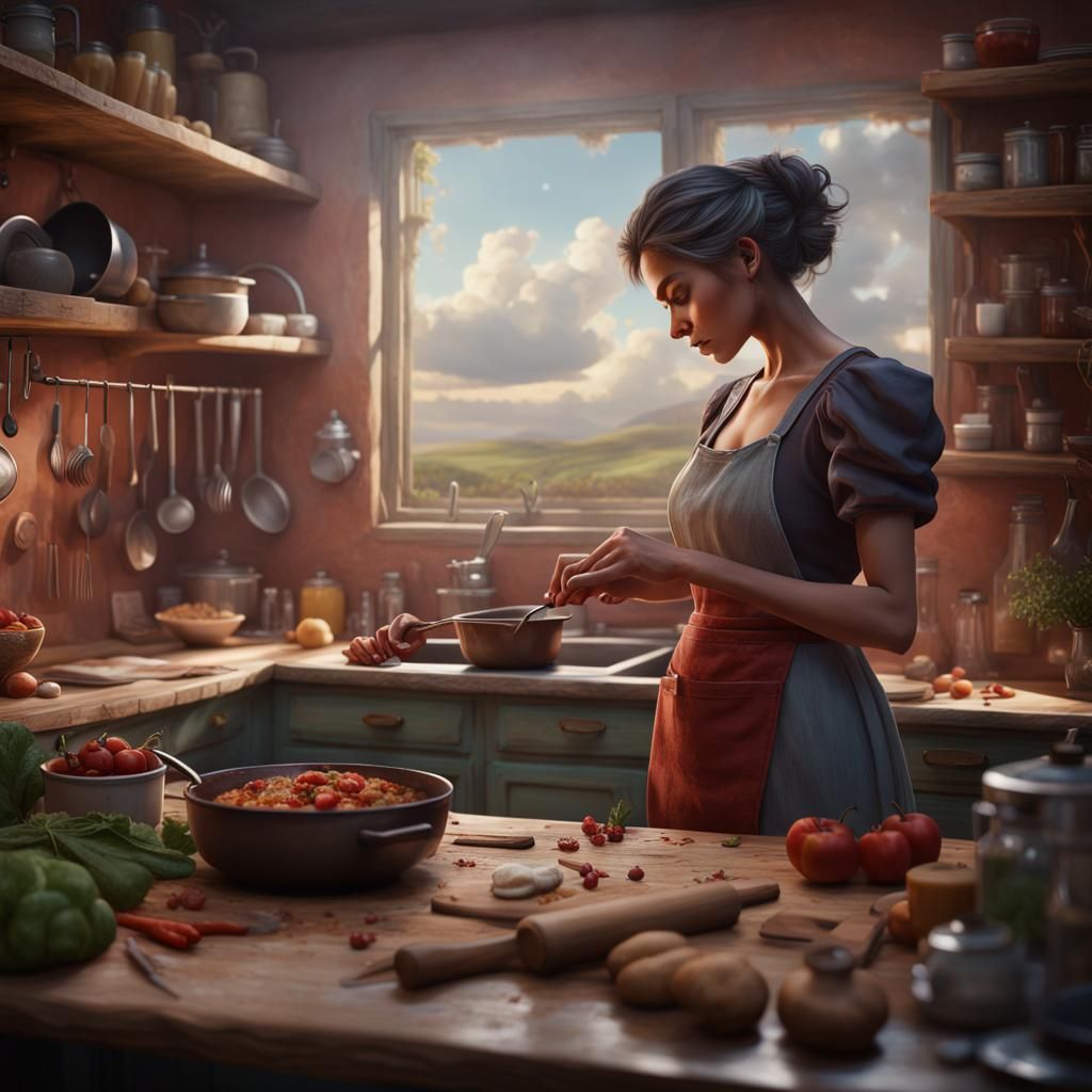 Fantastical Kitchen Scene with Cloud Realm