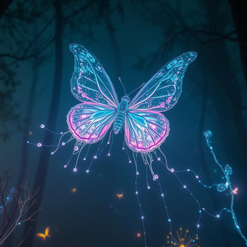 Giant Iridescent Butterfly Soaring in Enchanted Forest