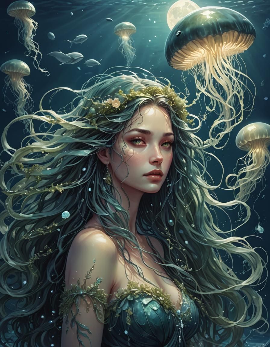 Mystical Ocean Goddess Riding a Whale