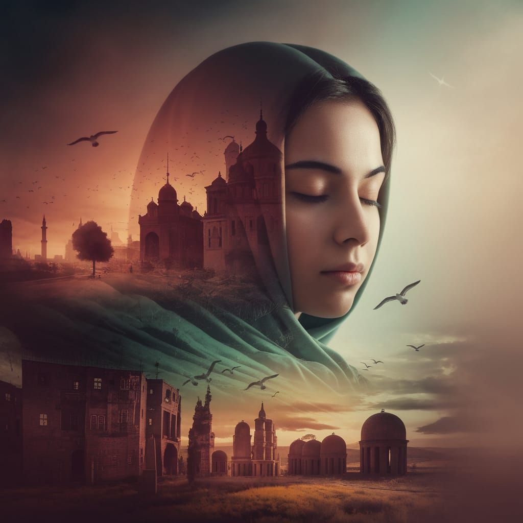 Surreal Portrait of a Young Kurdish Woman in Harmonious Land...