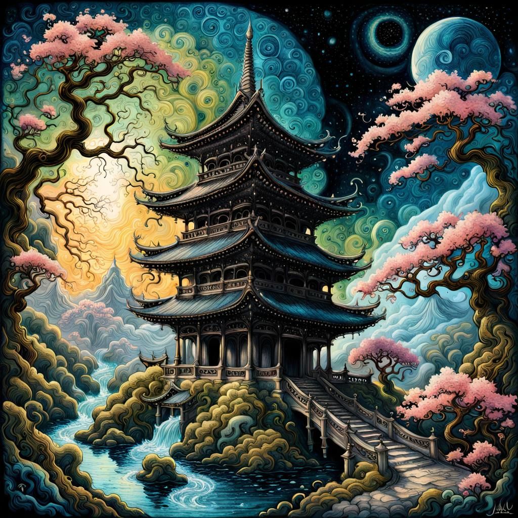 Japanese Temple with Sakura and Mythical Creatures