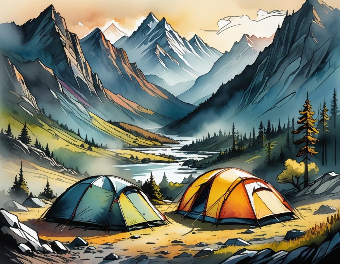 Mountain Tent: Watercolor Sketch with Pen Contours