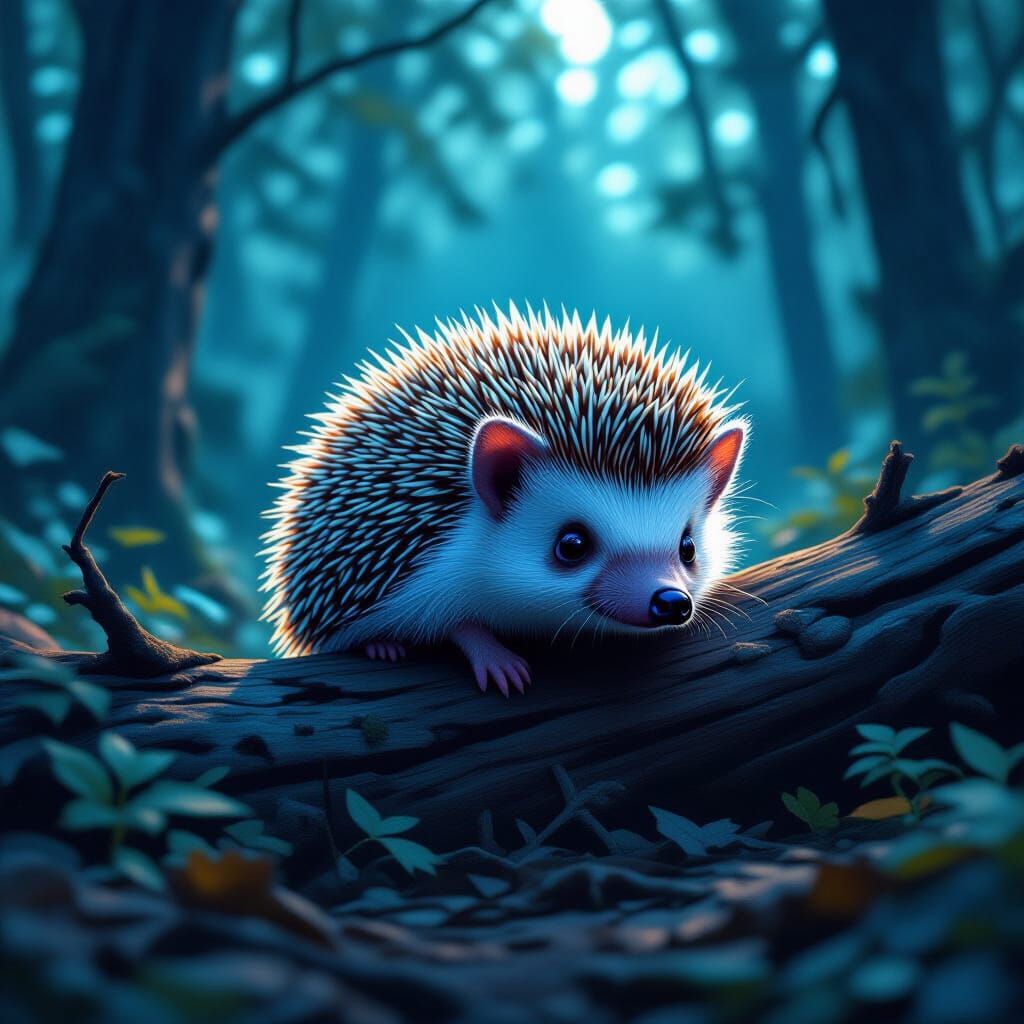 Frightened Neon Hedgehog Hides in Fallen Tree
