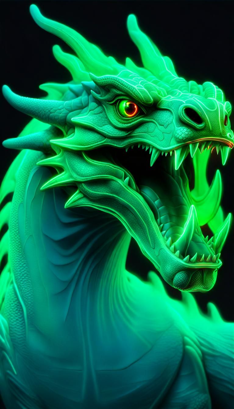Very sad (glowing  green neon wireframe) 3d dragon huge and ...