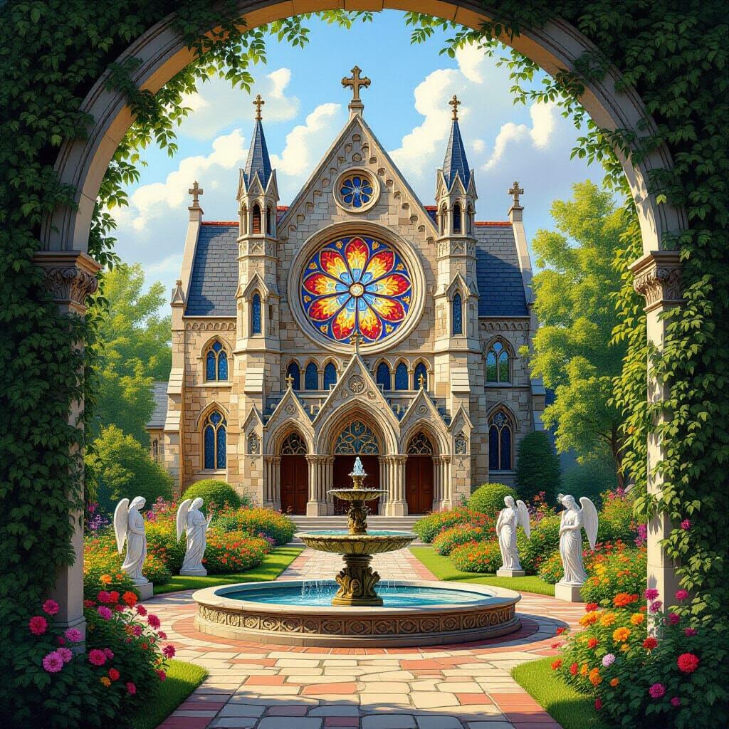 Gothic Revival Church with Floral Stained Glass